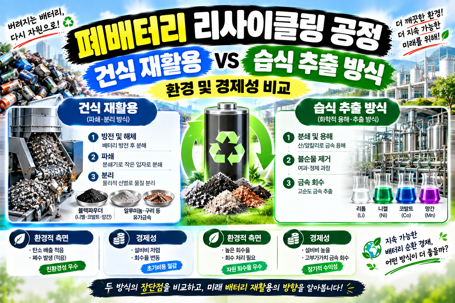 폐배터리 리사이클링 습식 건식 비교폐배터리 리사이클링 습식 건식 비교